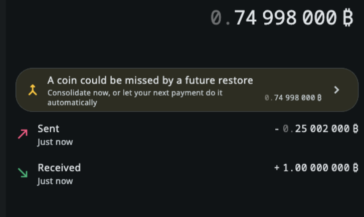 The wallet home page: "A coin could be missed by a future restore. Consolidate now, or let your next payment do it automatically."