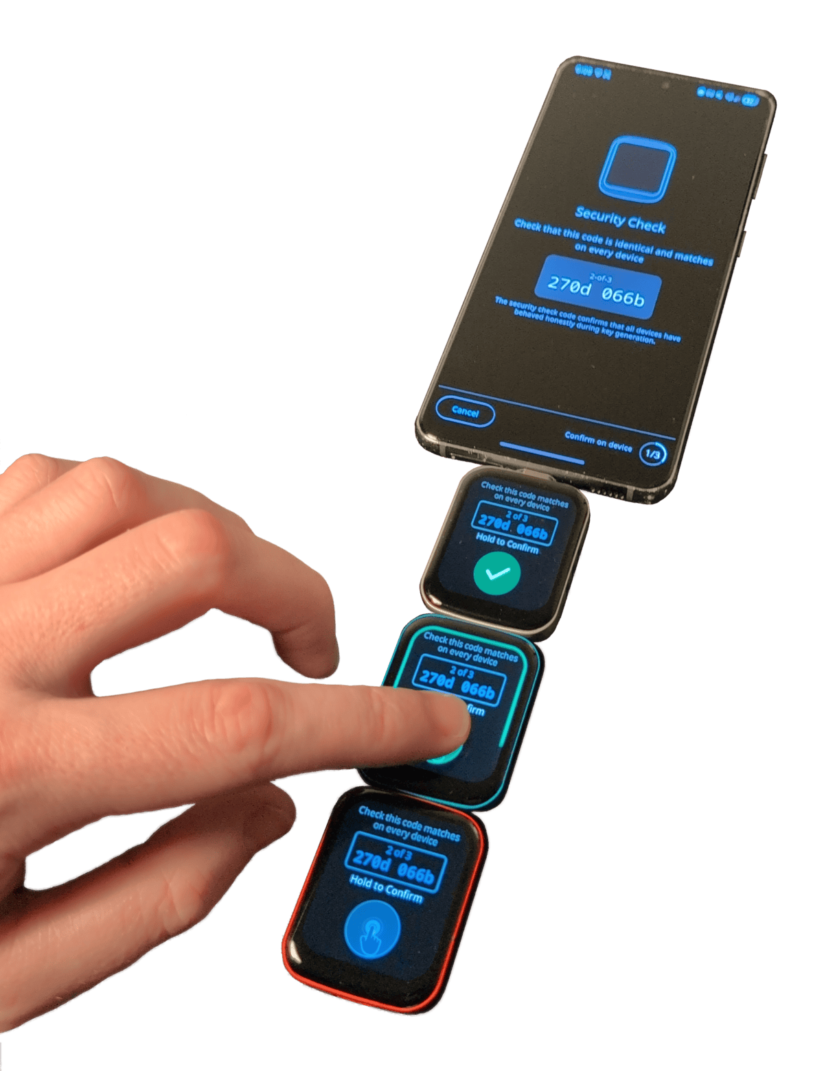 A phone coordinator daisy-chained to three Frostsnap devices during a security check, each device showing the same 2-of-3 code for the user to confirm by hand